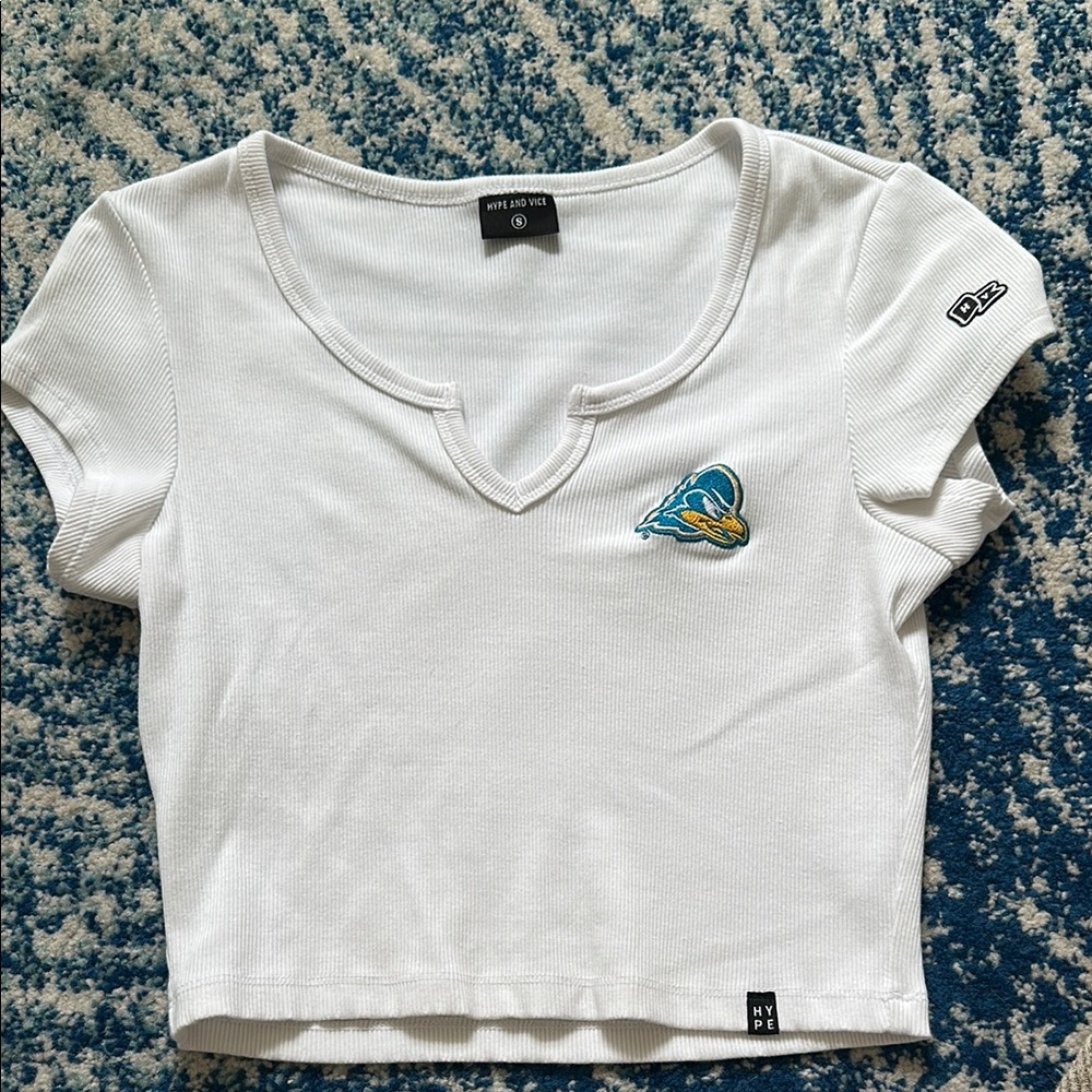 University of Delaware White Cropped Tee with UD Logo